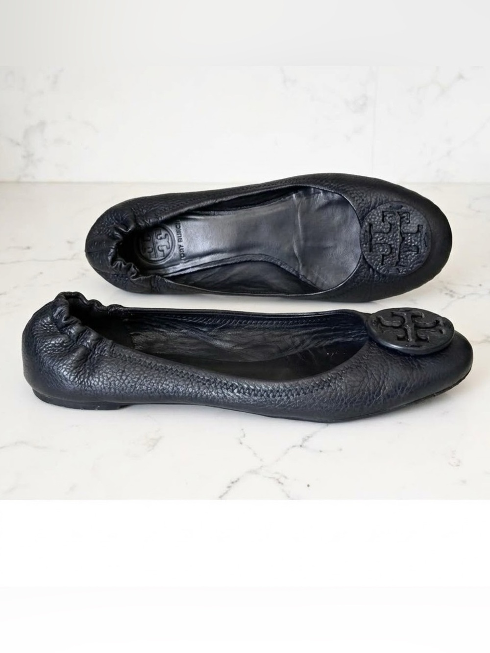 Tory Burch Black Leather Minnie Travel Ballet Flats Elastic Shoes Insole 9" US 6